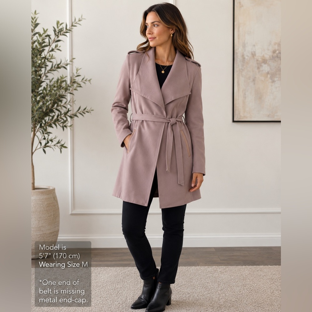 Mackage Wool Trench Coat Women M Mauve Pink Lambskin Leather Belted Wrap Jacket